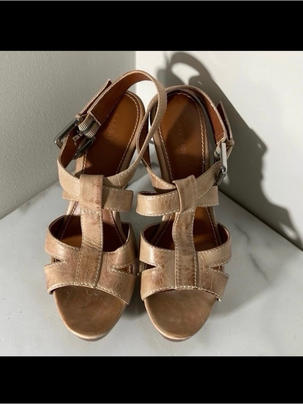 Vintage Calvin Klein Beige / Tan Leather Strappy Heels Sandals  Size 7